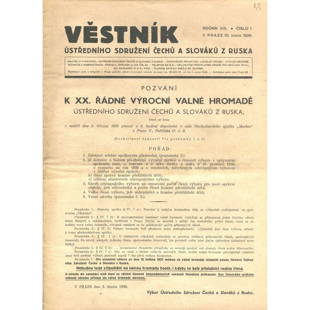 Věstník Ústředního sdružení Čechů a Slováků z Ruska, ročník XIX., číslo 1/1939 (legie, legionáři, legie v Rusku) - časopis