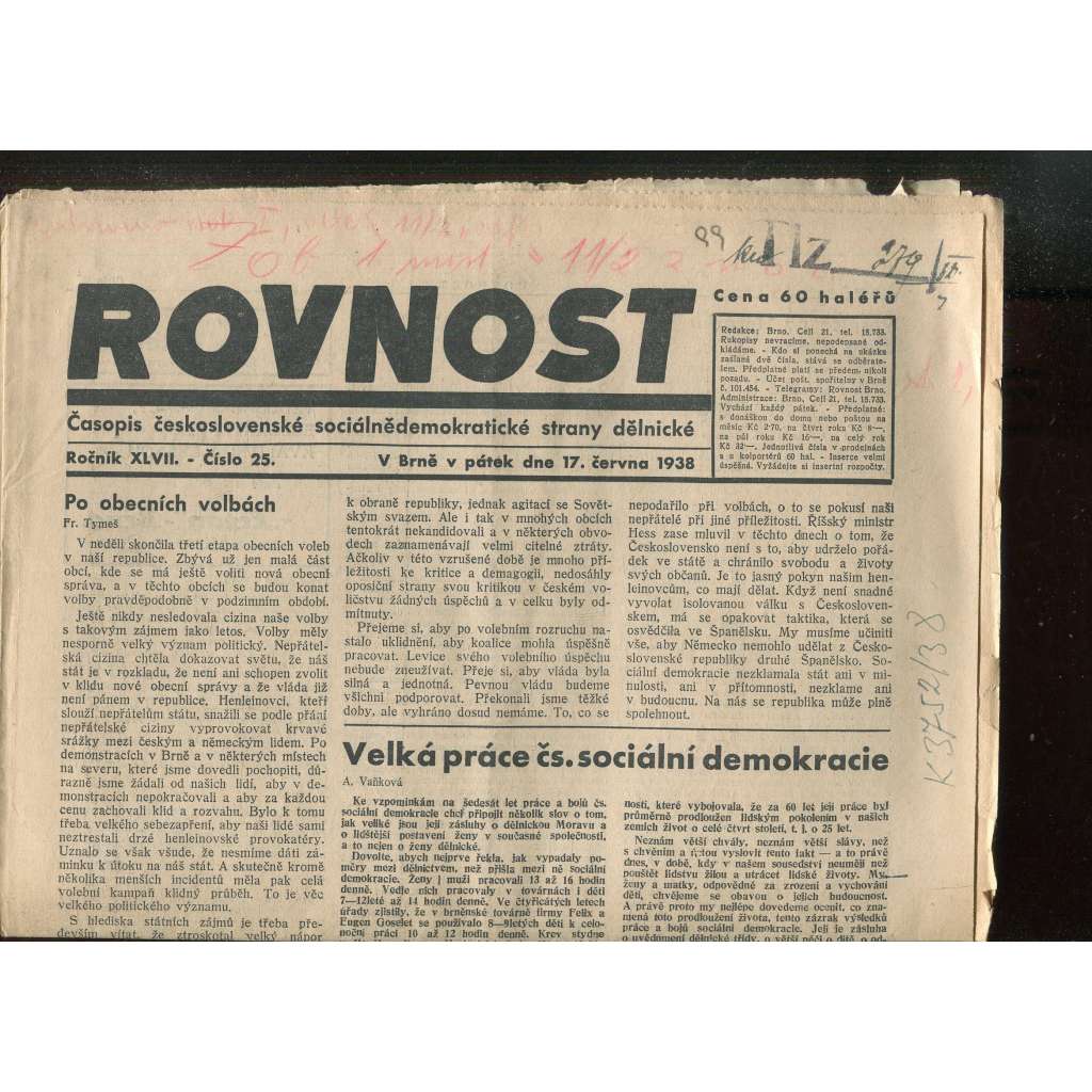 Rovnost, ročník XLVII., číslo 25/1938. Časopis československé sociálnědemokratické strany dělnické (noviny)