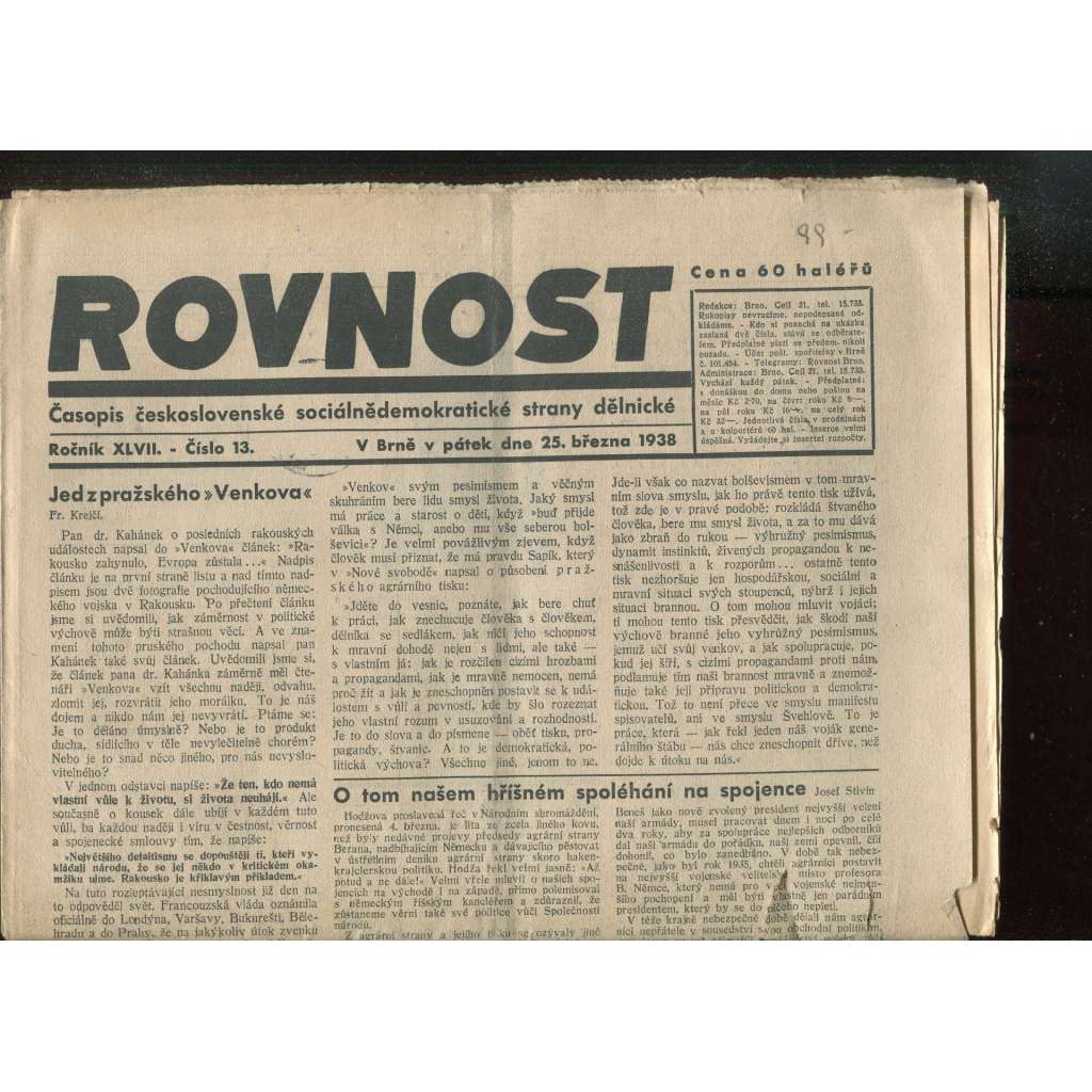 Rovnost, ročník XLVII., číslo 13/1938. Časopis československé sociálnědemokratické strany dělnické (noviny) - pošk.