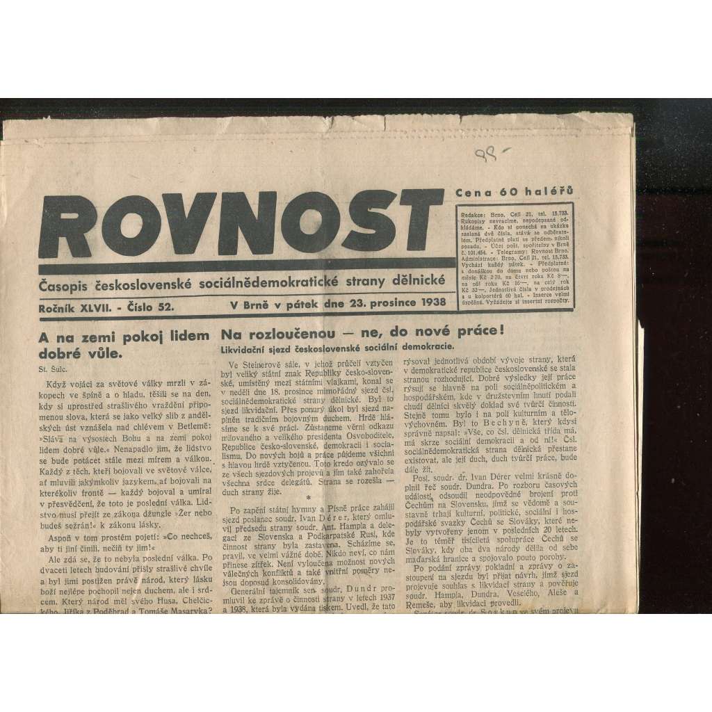 Rovnost, ročník XLVII., číslo 52/1938. Časopis československé sociálnědemokratické strany dělnické (noviny)