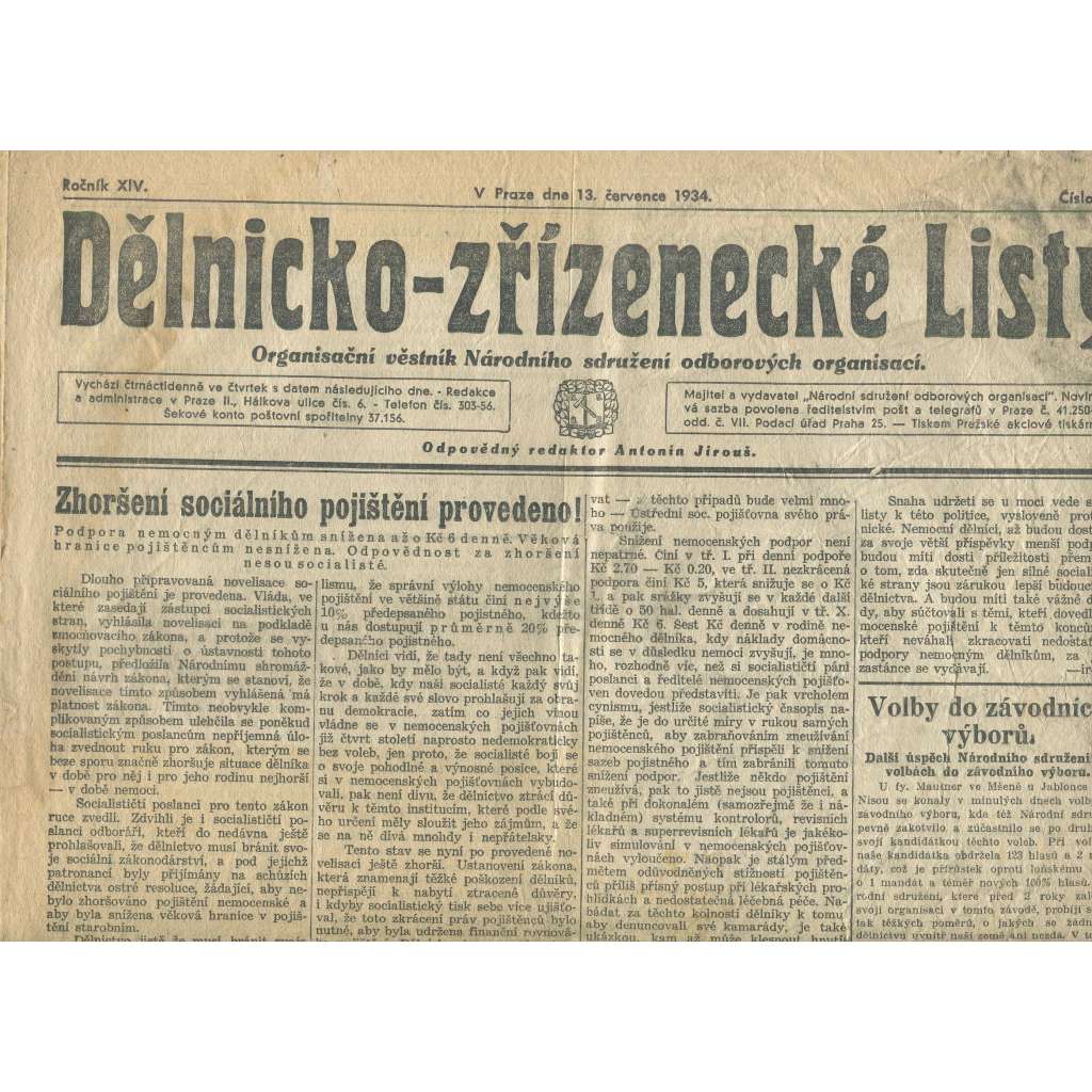 Dělnicko-zřízenecké listy, ročník XIV., číslo 14/1934. Organisační věstník Národního sdružení odborových organisací (noviny, odbory)