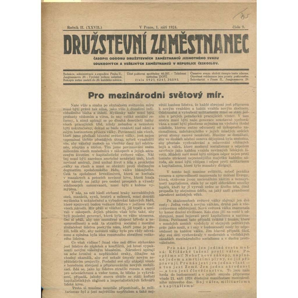 Družstevní zaměstnanec, ročník II. (XXVII.)., číslo 9/1924. Časopis odboru družstevních zaměstnanců (noviny)