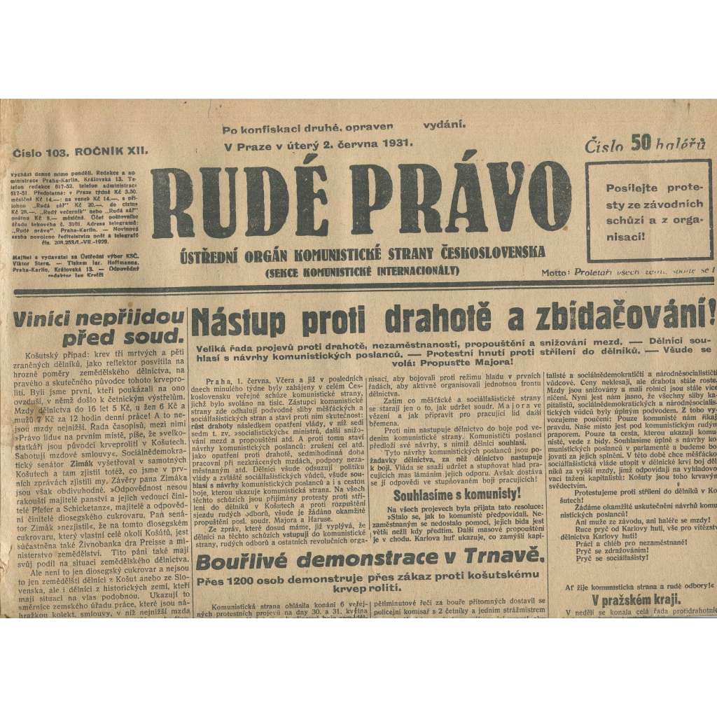 Rudé právo, ročník XII., číslo 103 (2.6.1931). Ústřední orgán Komunistické strany Československa (staré noviny, 1. republika)