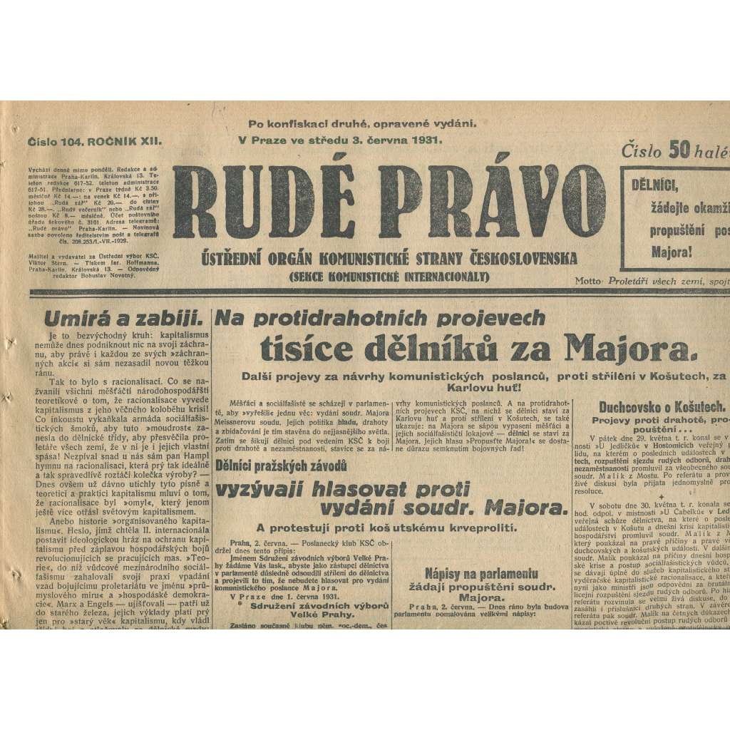 Rudé právo, ročník XII., číslo 104 (3.6.1931). Ústřední orgán Komunistické strany Československa (staré noviny, 1. republika)