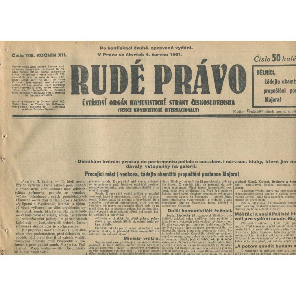 Rudé právo, ročník XII., číslo 105 (4.6.1931). Ústřední orgán Komunistické strany Československa (staré noviny, 1. republika)