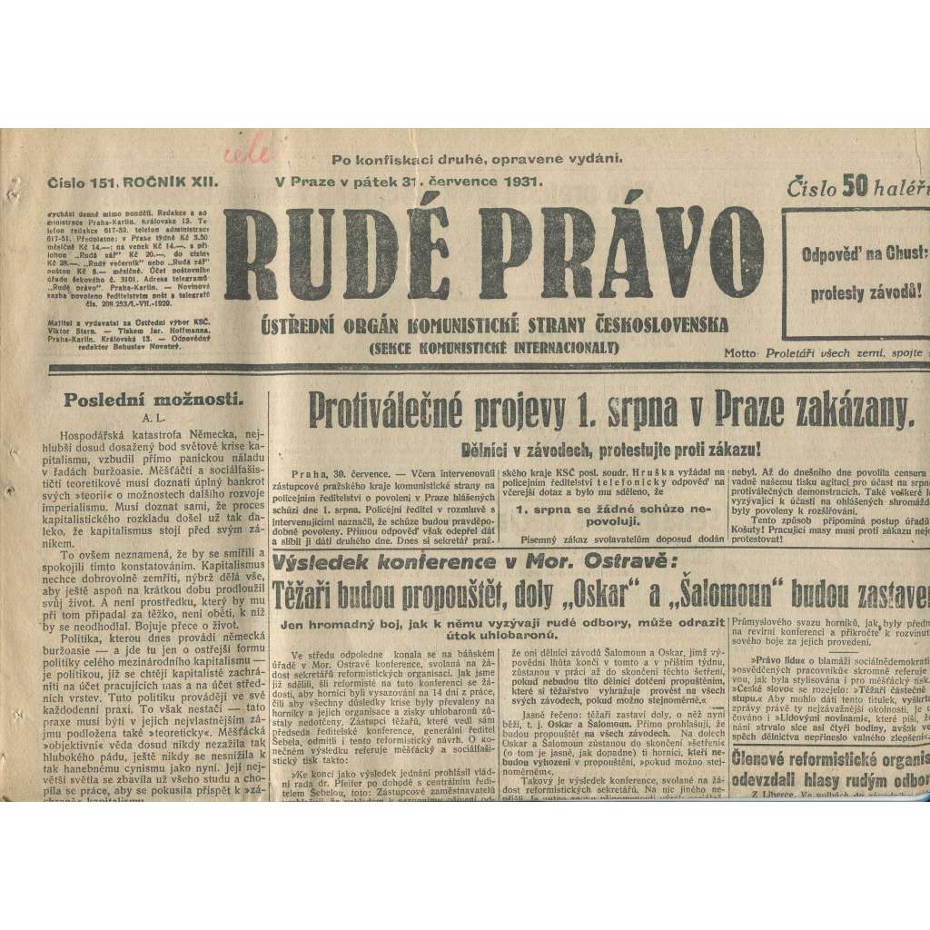 Rudé právo, ročník XII., číslo 151 (31.7.1931). Ústřední orgán Komunistické strany Československa (staré noviny, 1. republika)