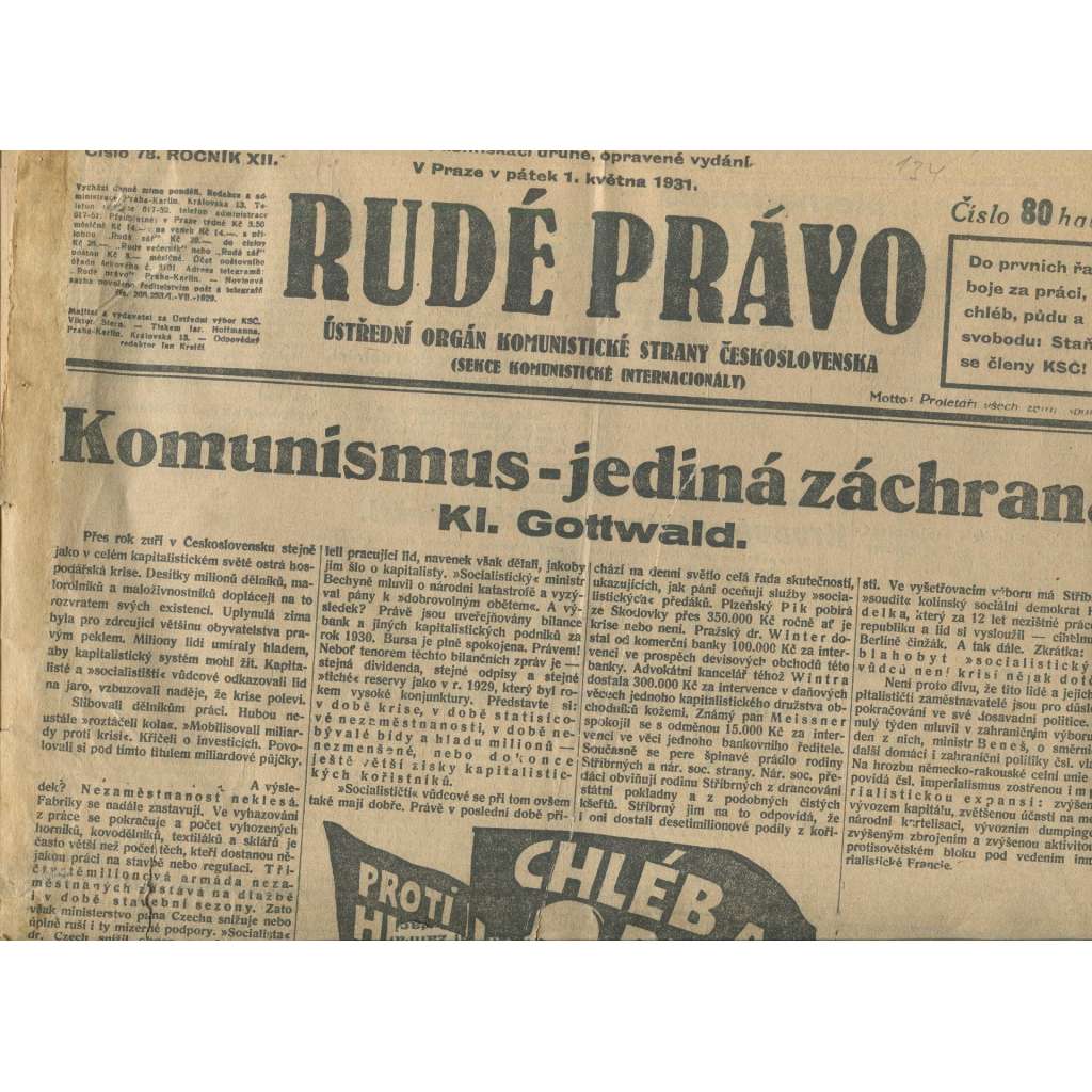 Rudé právo, ročník XII., číslo 78 (1.5.1931). Ústřední orgán Komunistické strany Československa (staré noviny, 1. republika)