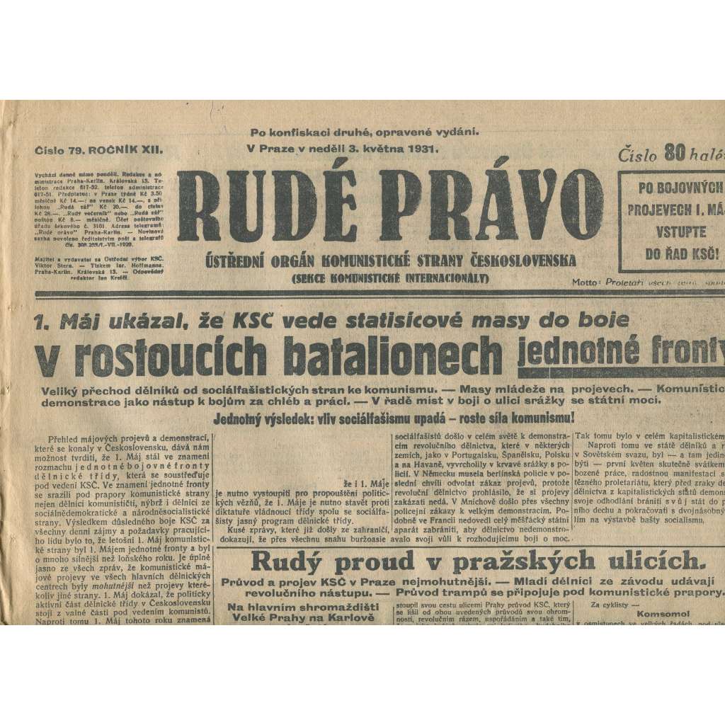 Rudé právo, ročník XII., číslo 79 (3.5.1931). Ústřední orgán Komunistické strany Československa (staré noviny, 1. republika)