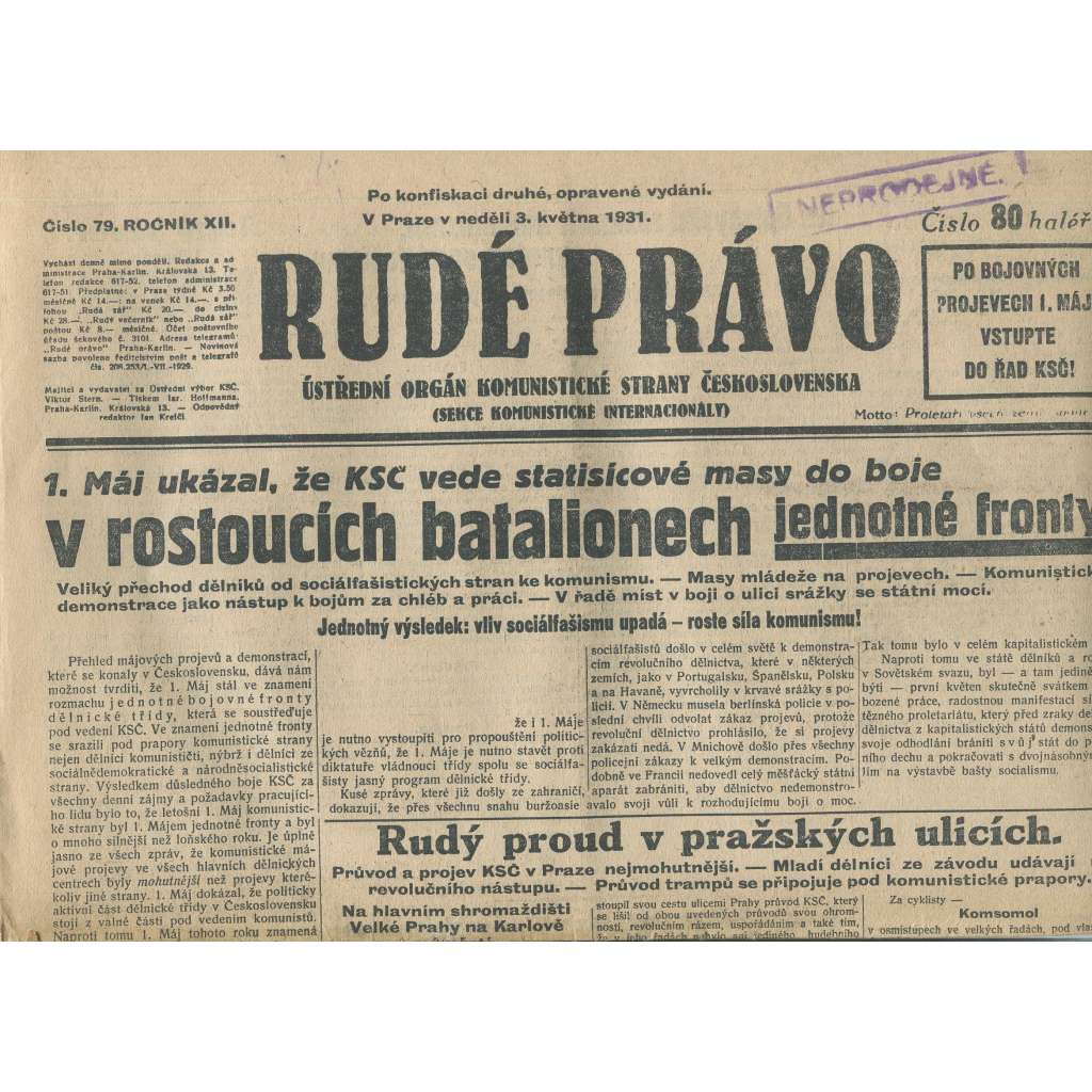 Rudé právo, ročník XII., číslo 79 (3.5.1931). Ústřední orgán Komunistické strany Československa (staré noviny, 1. republika)