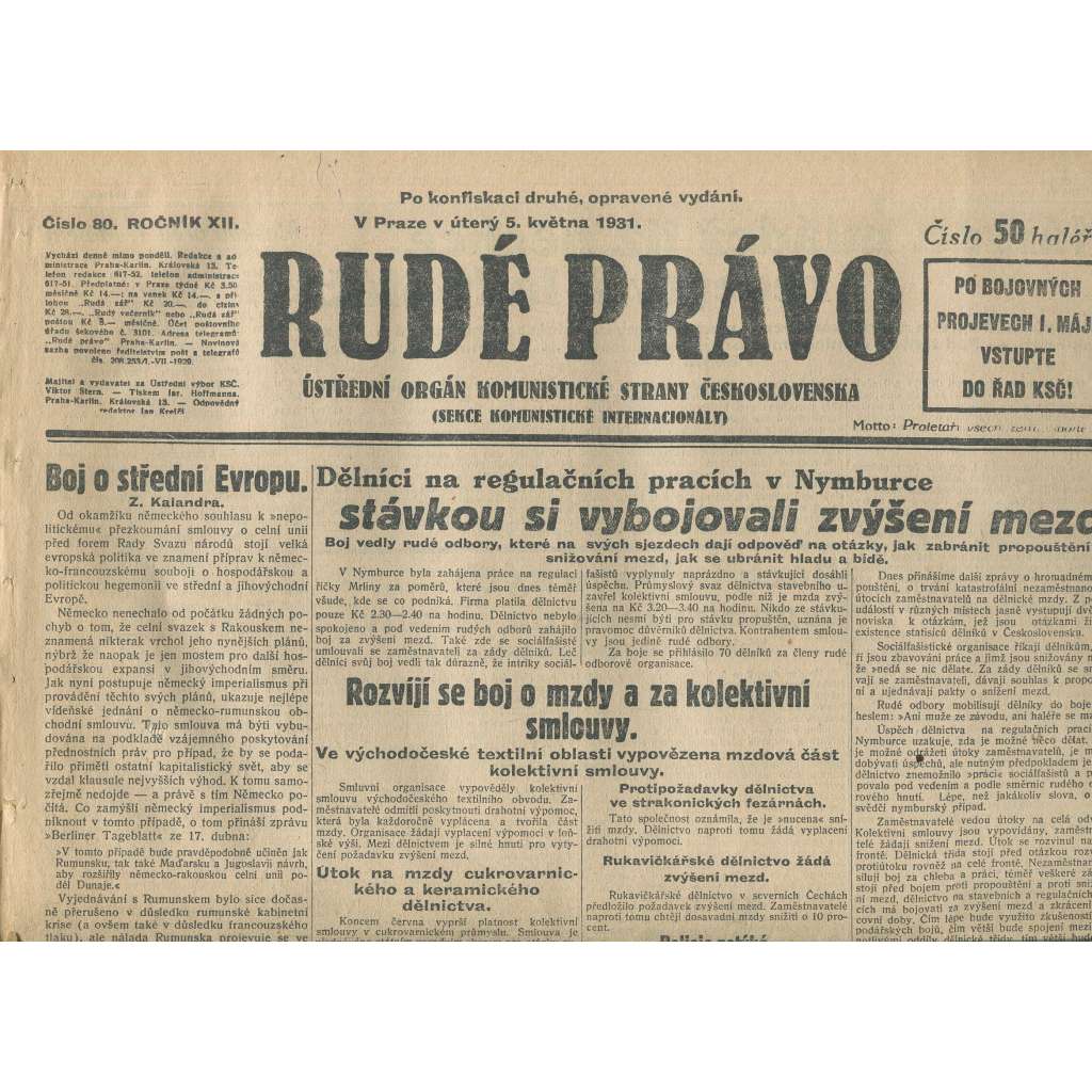 Rudé právo, ročník XII., číslo 80 (5.5.1931). Ústřední orgán Komunistické strany Československa (staré noviny, 1. republika)