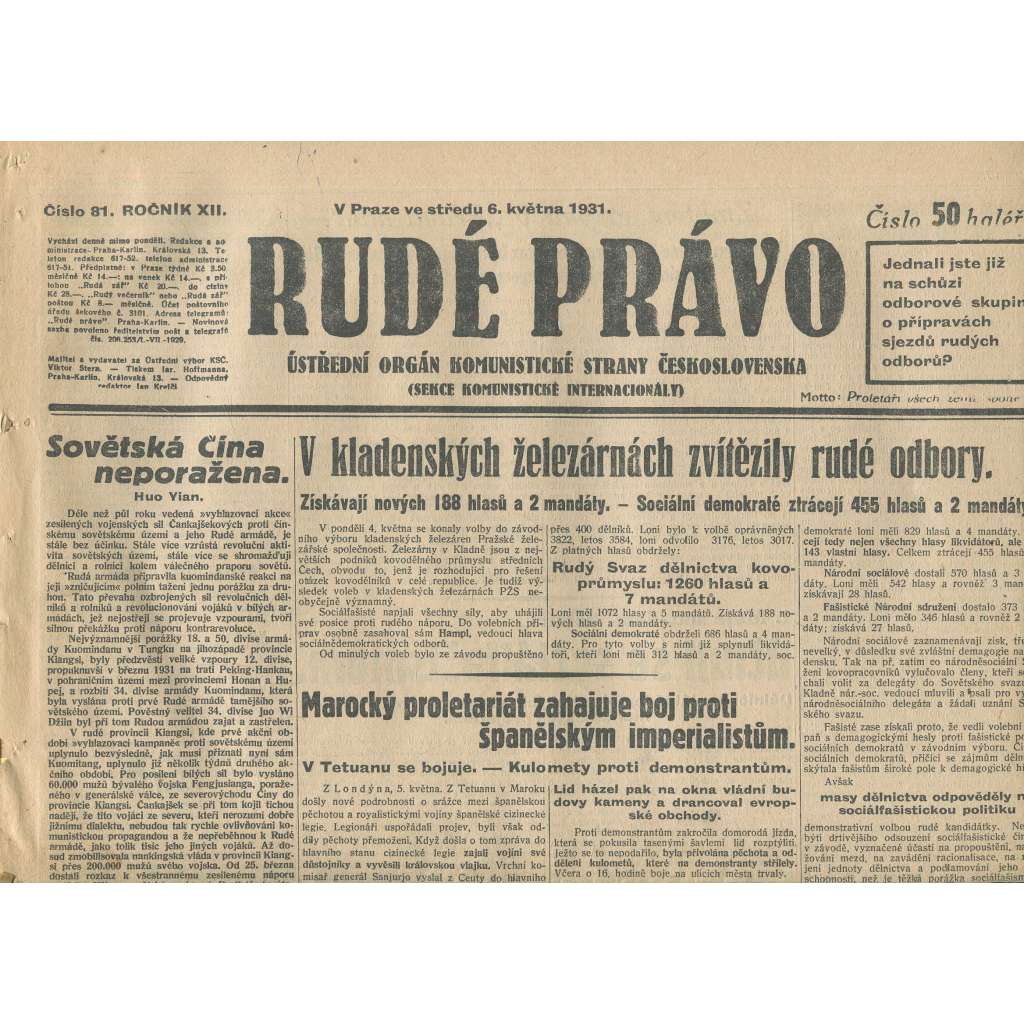 Rudé právo, ročník XII., číslo 81 (6.5.1931). Ústřední orgán Komunistické strany Československa (staré noviny, 1. republika)