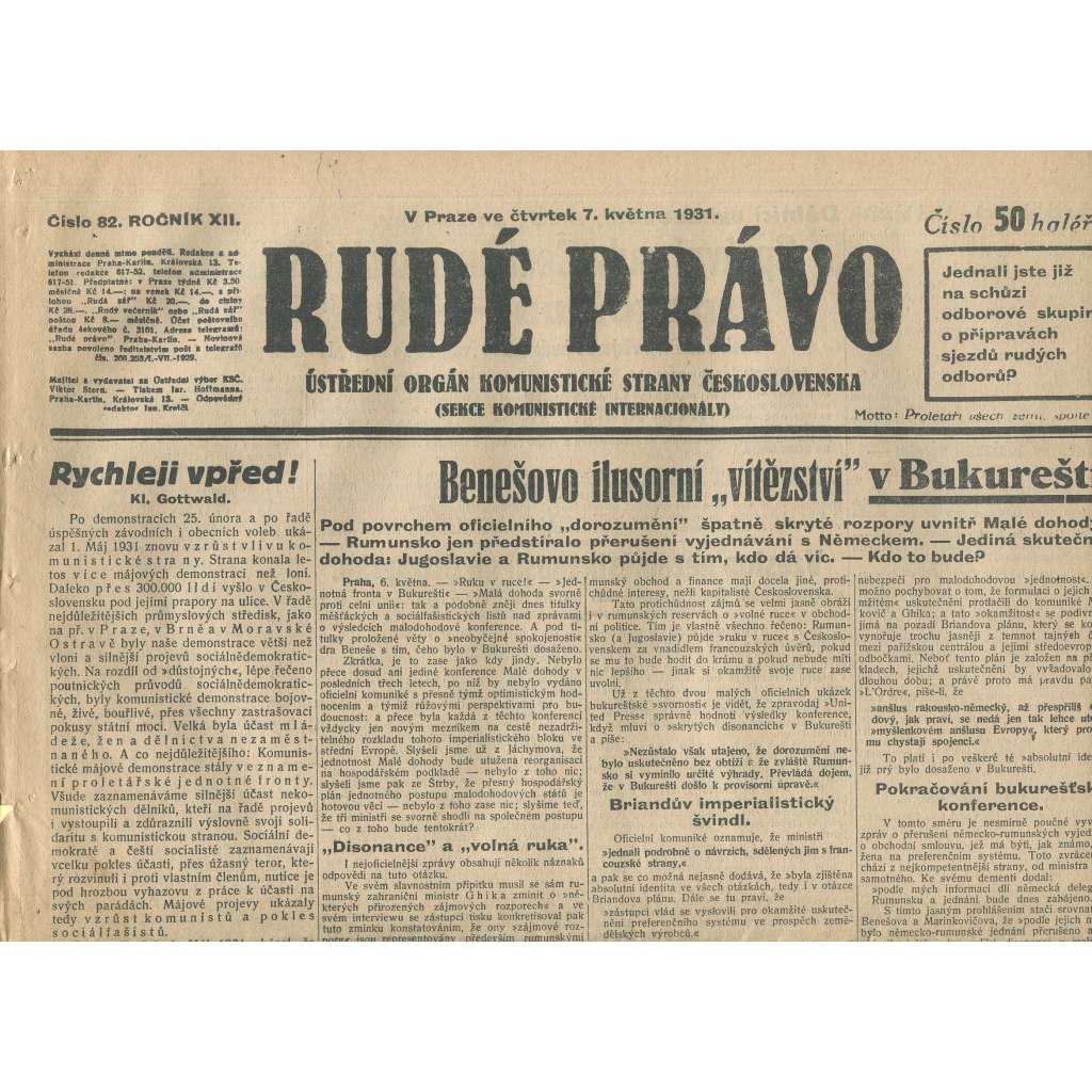 Rudé právo, ročník XII., číslo 82 (7.5.1931). Ústřední orgán Komunistické strany Československa (staré noviny, 1. republika)