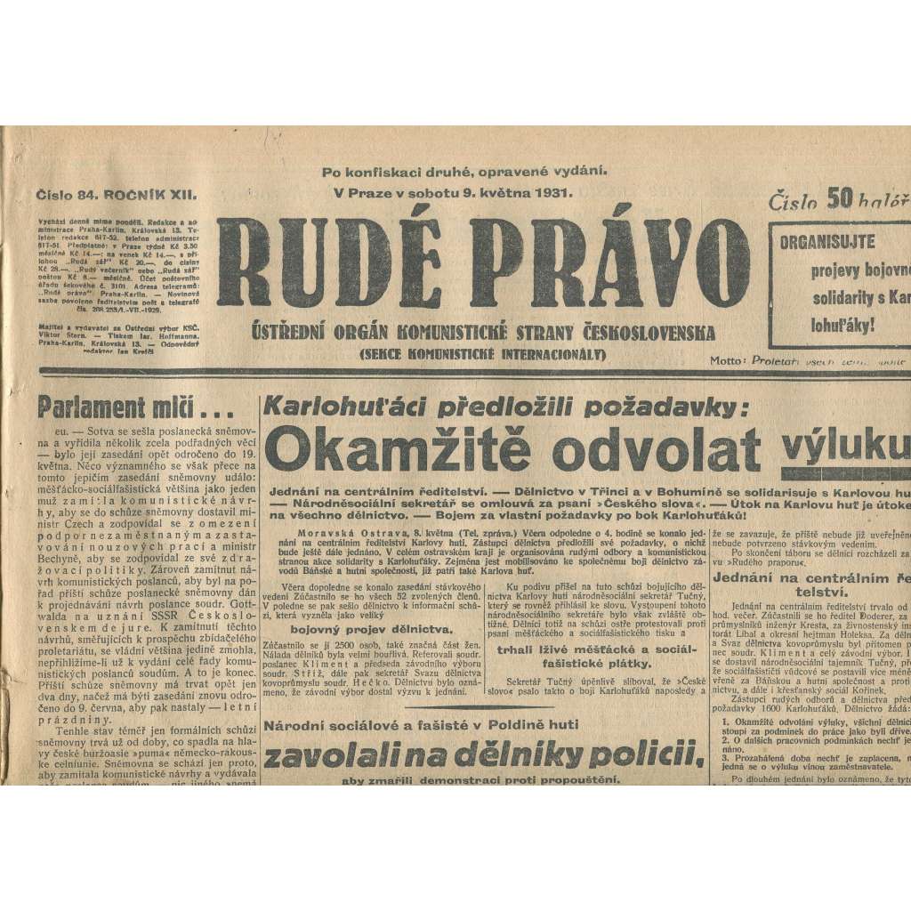 Rudé právo, ročník XII., číslo 84 (9.5.1931). Ústřední orgán Komunistické strany Československa (staré noviny, 1. republika)