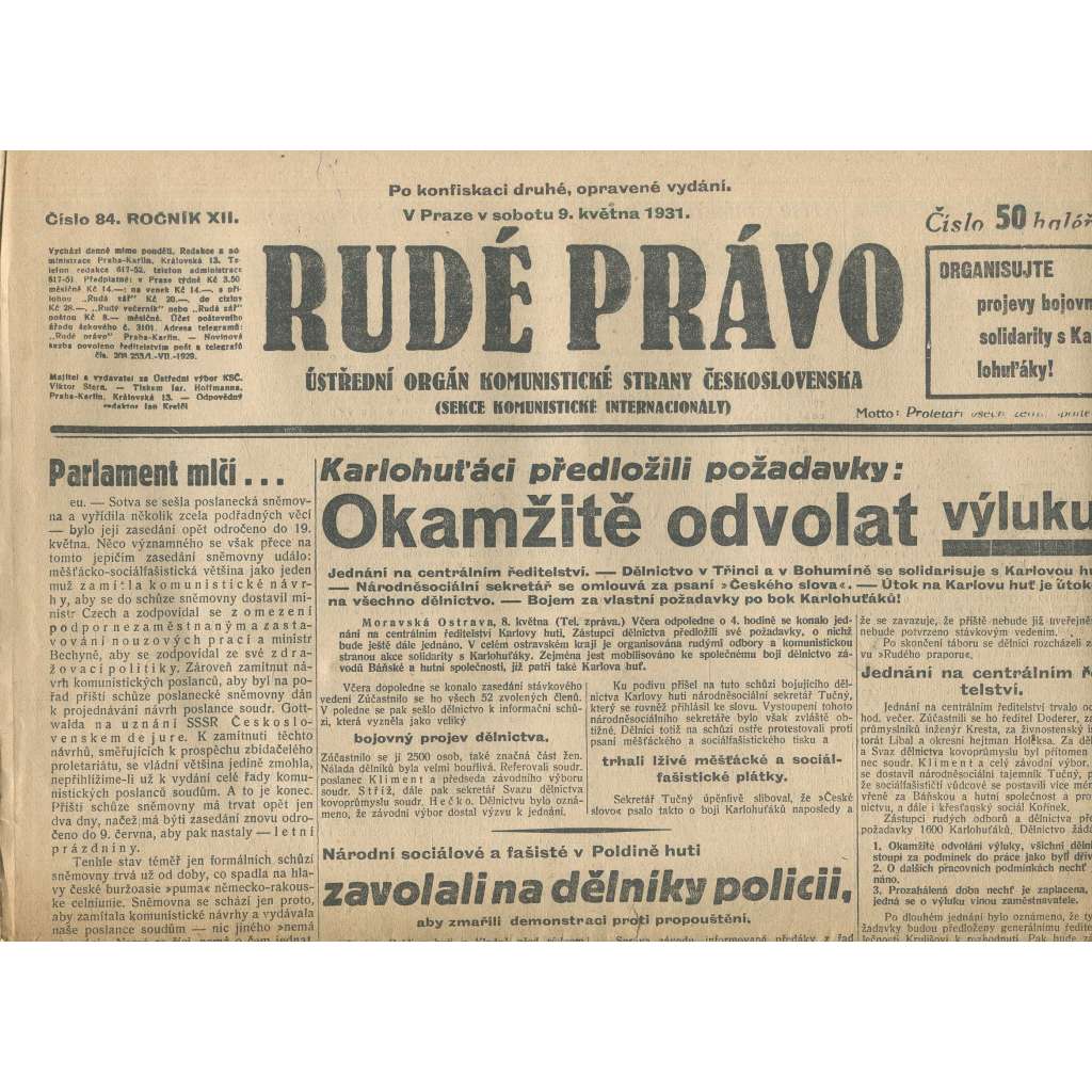 Rudé právo, ročník XII., číslo 84 (9.5.1931). Ústřední orgán Komunistické strany Československa (staré noviny, 1. republika)