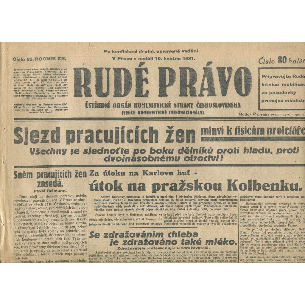 Rudé právo, ročník XII., číslo 85 (10.5.1931). Ústřední orgán Komunistické strany Československa (staré noviny, 1. republika)