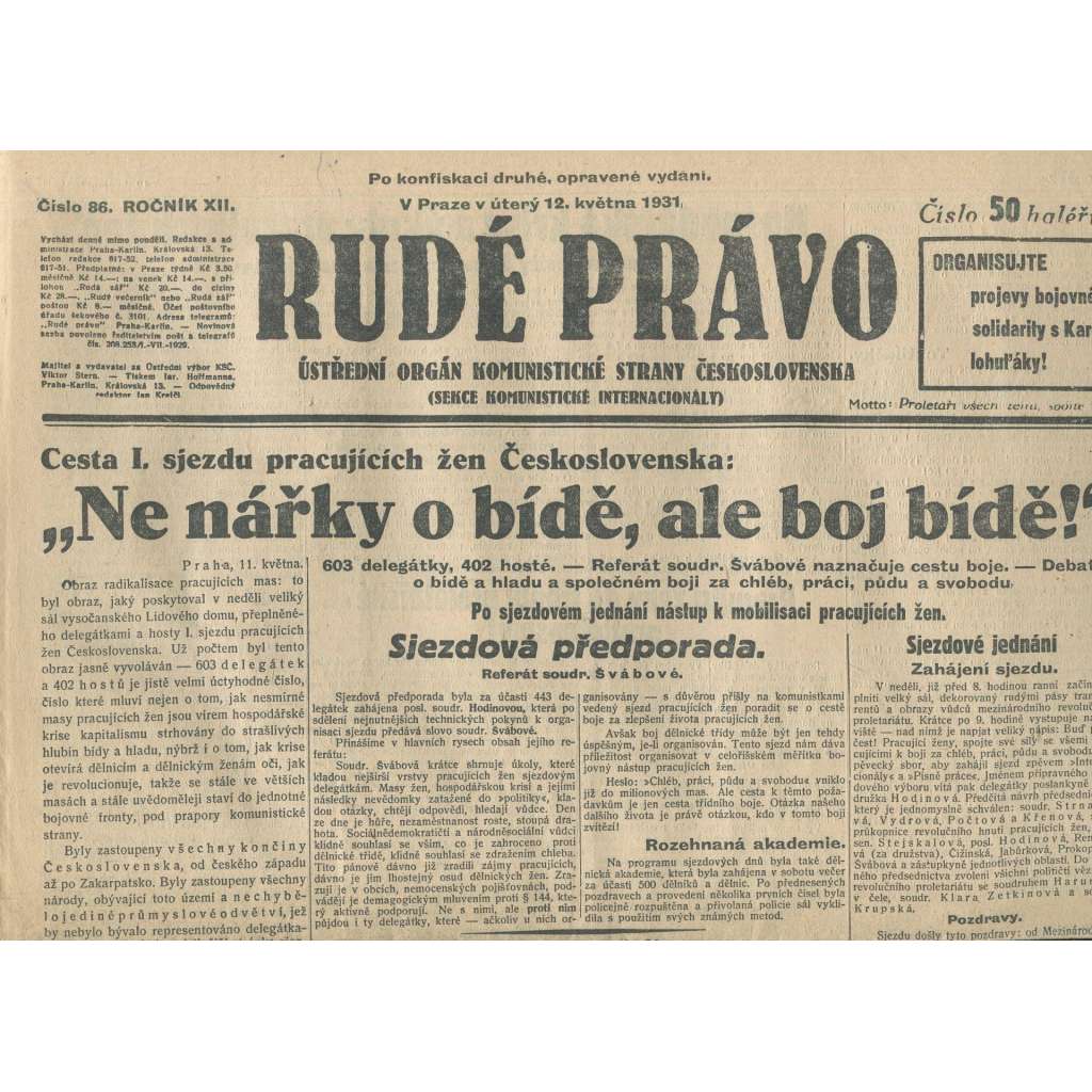 Rudé právo, ročník XII., číslo 86 (12.5.1931). Ústřední orgán Komunistické strany Československa (staré noviny, 1. republika)