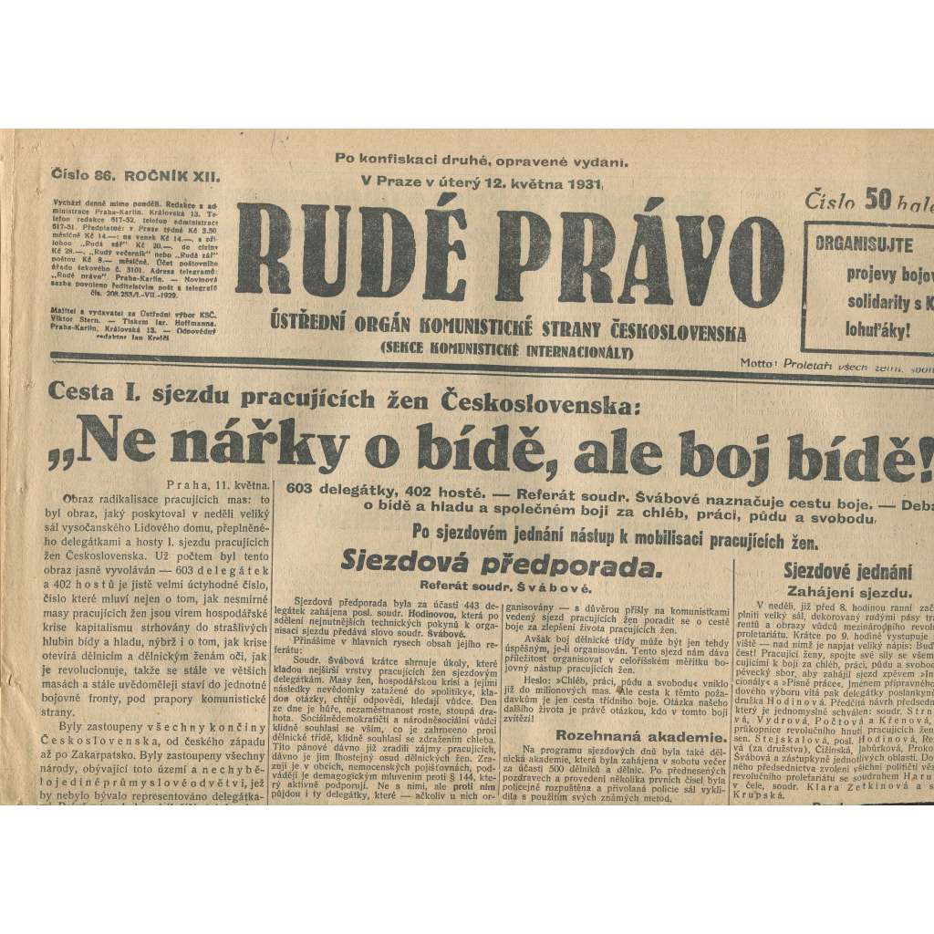 Rudé právo, ročník XII., číslo 86 (12.5.1931). Ústřední orgán Komunistické strany Československa (staré noviny, 1. republika)