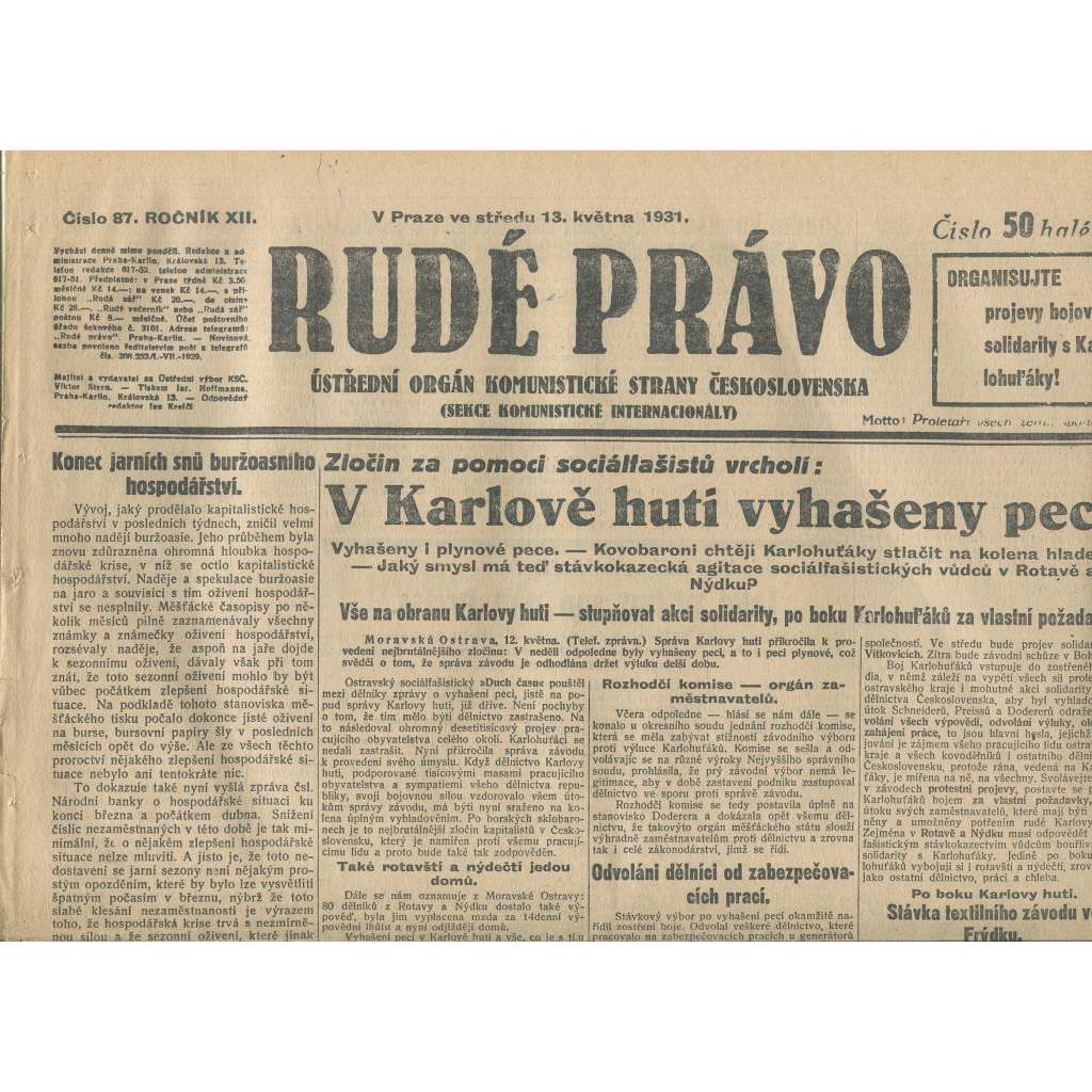 Rudé právo, ročník XII., číslo 87 (13.5.1931). Ústřední orgán Komunistické strany Československa (staré noviny, 1. republika)