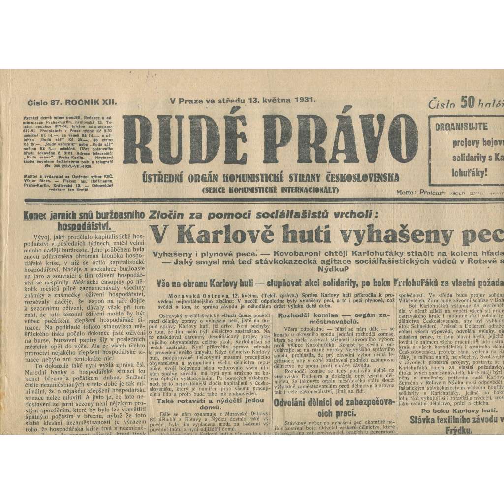 Rudé právo, ročník XII., číslo 87 (13.5.1931). Ústřední orgán Komunistické strany Československa (staré noviny, 1. republika)