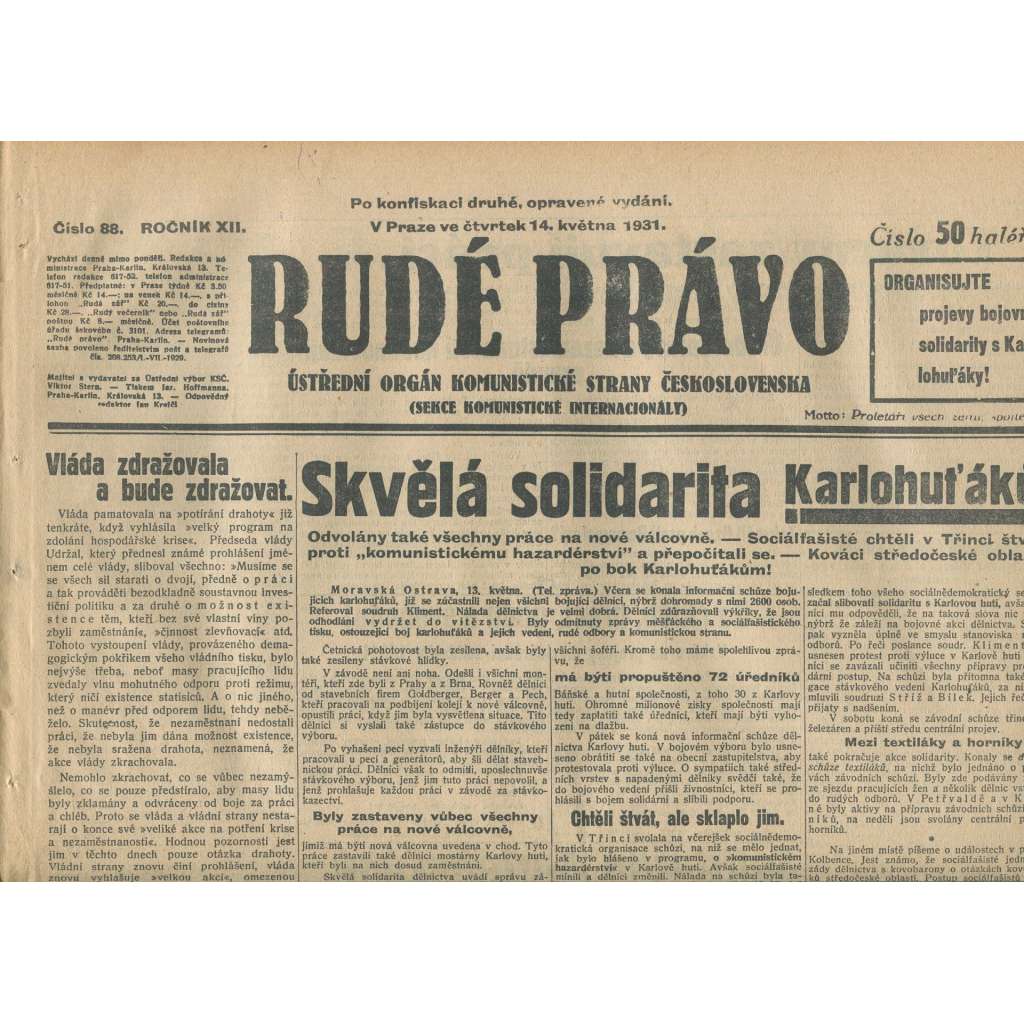 Rudé právo, ročník XII., číslo 88 (14.5.1931). Ústřední orgán Komunistické strany Československa (staré noviny, 1. republika)
