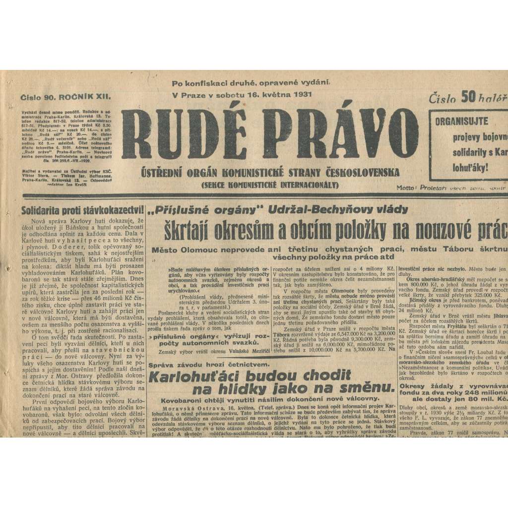 Rudé právo, ročník XII., číslo 90 (16.5.1931). Ústřední orgán Komunistické strany Československa (staré noviny, 1. republika)