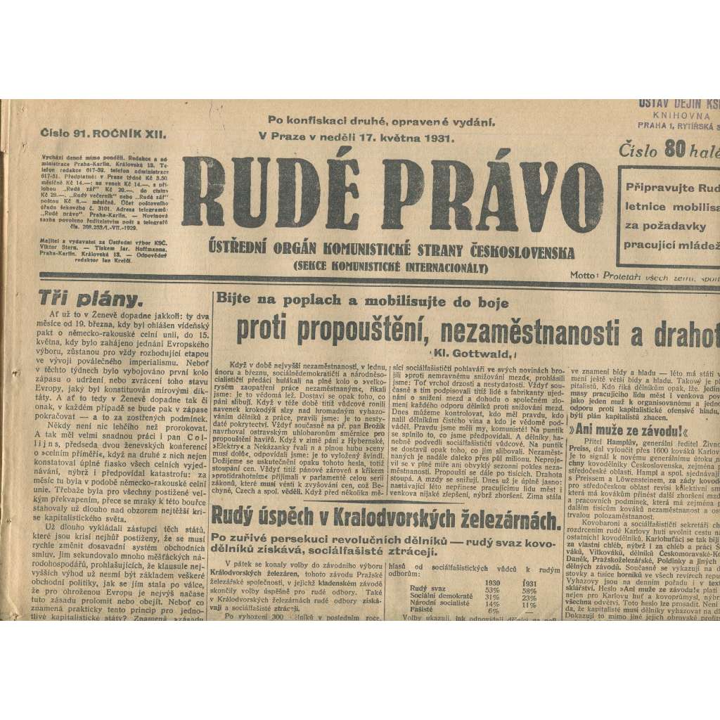 Rudé právo, ročník XII., číslo 91 (17.5.1931). Ústřední orgán Komunistické strany Československa (staré noviny, 1. republika)
