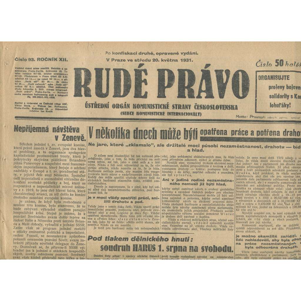 Rudé právo, ročník XII., číslo 93 (20.5.1931). Ústřední orgán Komunistické strany Československa (staré noviny, 1. republika)