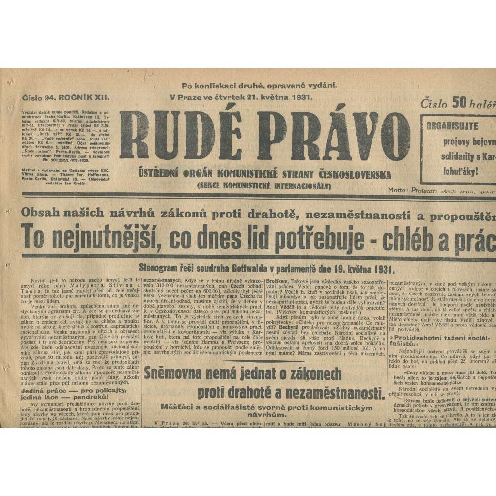 Rudé právo, ročník XII., číslo 94 (21.5.1931). Ústřední orgán Komunistické strany Československa (staré noviny, 1. republika)