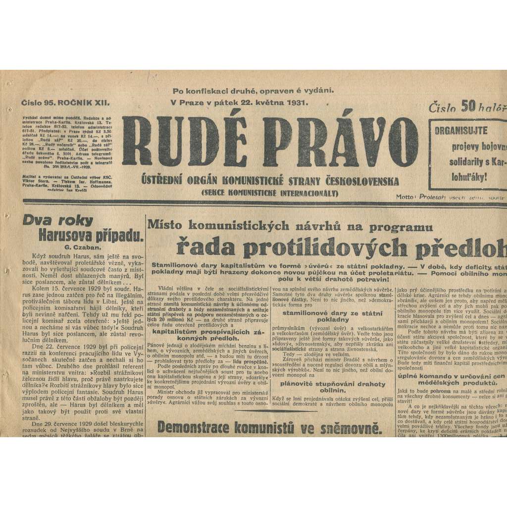 Rudé právo, ročník XII., číslo 95 (22.5.1931). Ústřední orgán Komunistické strany Československa (staré noviny, 1. republika)