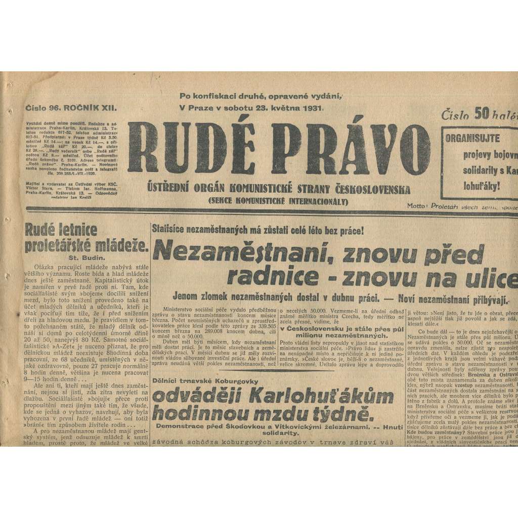Rudé právo, ročník XII., číslo 96 (23.5.1931). Ústřední orgán Komunistické strany Československa (staré noviny, 1. republika)