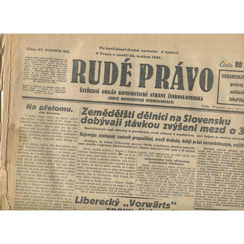 Rudé právo, ročník XII., číslo 97 (24.5.1931). Ústřední orgán Komunistické strany Československa (staré noviny, 1. republika)