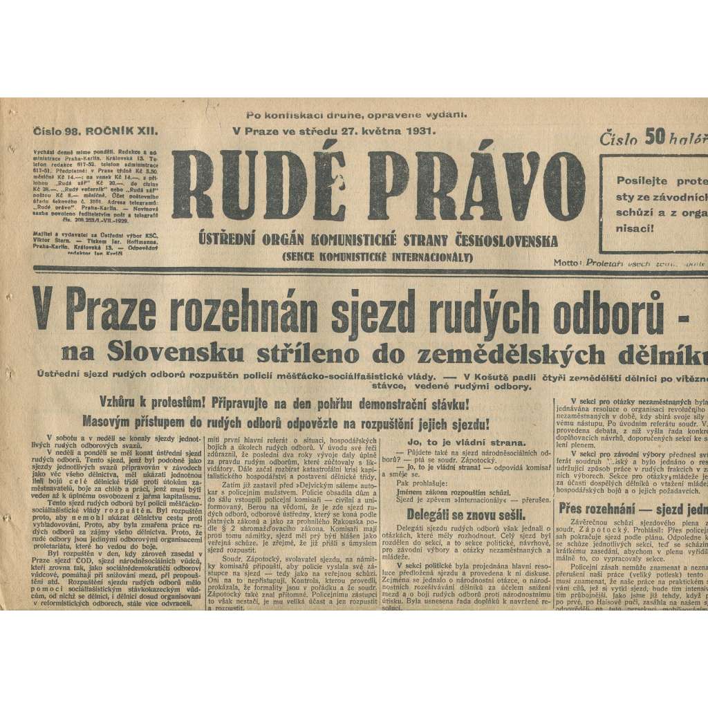 Rudé právo, ročník XII., číslo 98 (27.5.1931). Ústřední orgán Komunistické strany Československa (staré noviny, 1. republika)