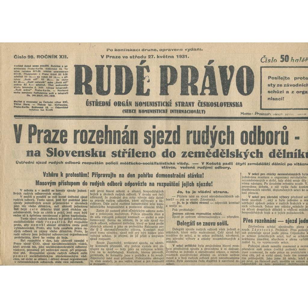 Rudé právo, ročník XII., číslo 98 (27.5.1931). Ústřední orgán Komunistické strany Československa (staré noviny, 1. republika)