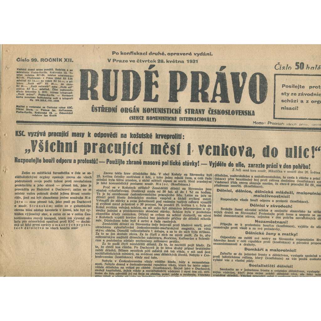 Rudé právo, ročník XII., číslo 99 (28.5.1931). Ústřední orgán Komunistické strany Československa (staré noviny, 1. republika)