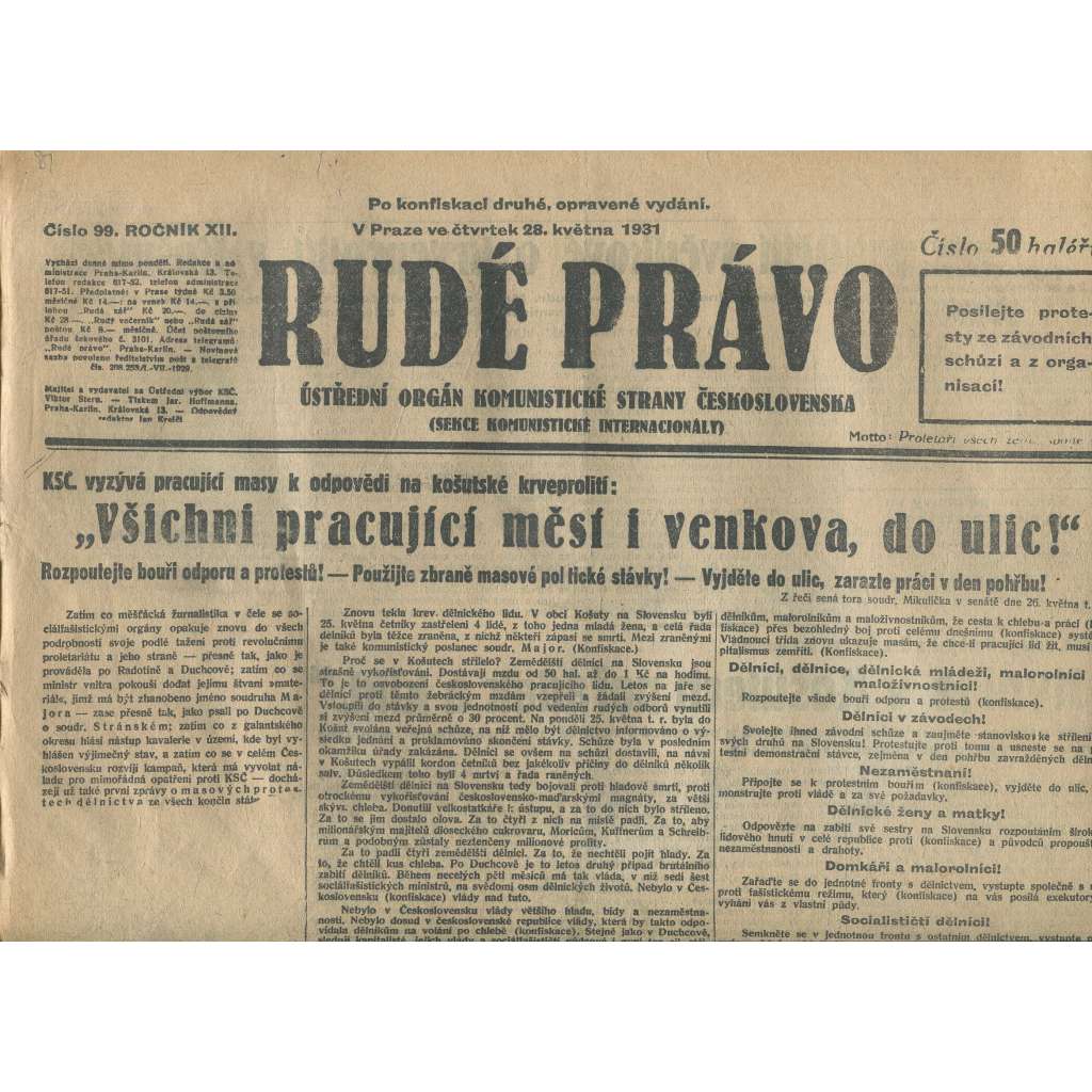Rudé právo, ročník XII., číslo 99 (28.5.1931). Ústřední orgán Komunistické strany Československa (staré noviny, 1. republika)