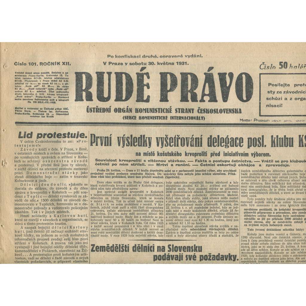 Rudé právo, ročník XII., číslo 101 (30.5.1931). Ústřední orgán Komunistické strany Československa (staré noviny, 1. republika)