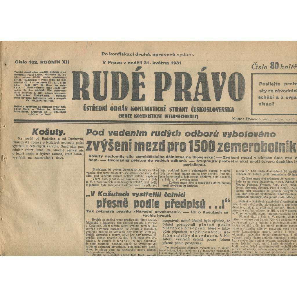 Rudé právo, ročník XII., číslo 102 (31.5.1931). Ústřední orgán Komunistické strany Československa (staré noviny, 1. republika)