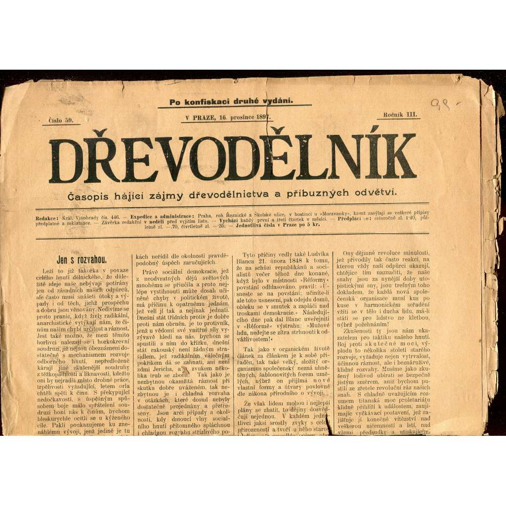 Dřevodělník, ročník III., číslo 59/1897. Časopis hájící zájmy dřevodělnictva a příbuzných odvětví (noviny, dřevo, odbory, průmysl) - pošk.