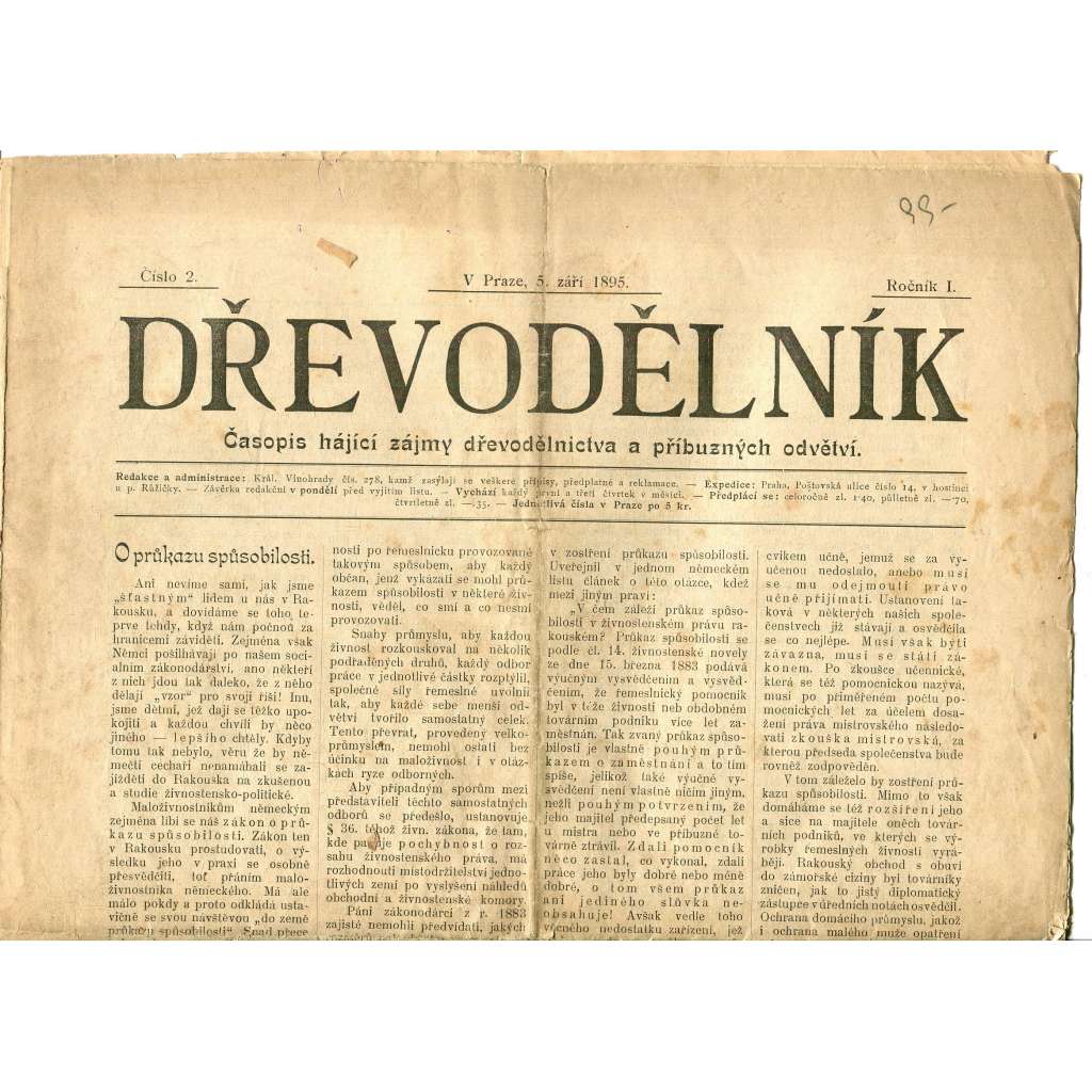 Dřevodělník, ročník I., číslo 2/1895. Časopis hájící zájmy dřevodělnictva a příbuzných odvětví (noviny, dřevo, odbory, průmysl)