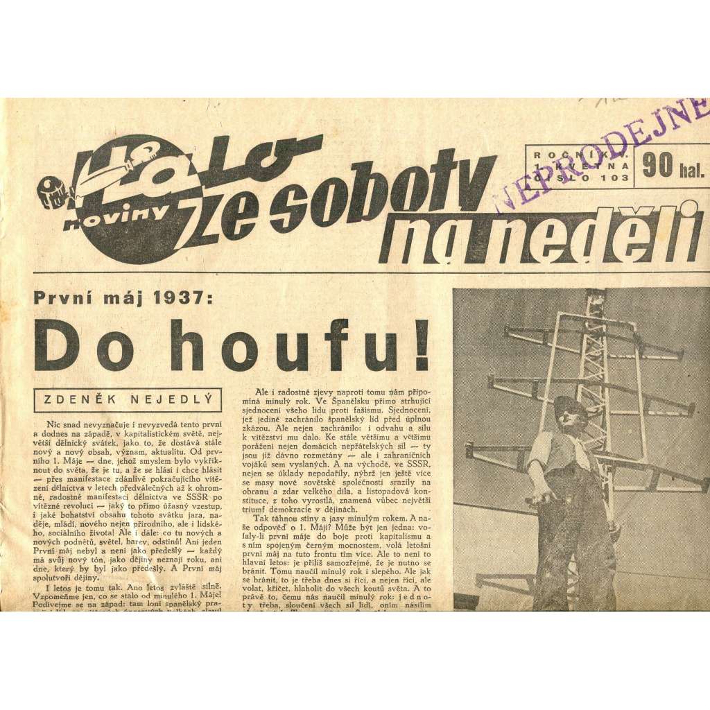 Halo noviny, ze soboty na neděli, ročník V., číslo 103/1937 (staré noviny)