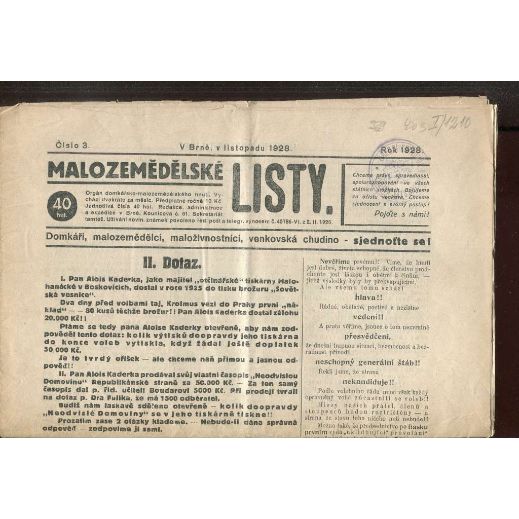 Malozemědělské listy, číslo 3/1928. Domkáři, malozemědělci, maloživnostníci, venkovská chudino - Sjednoťte se! (noviny)