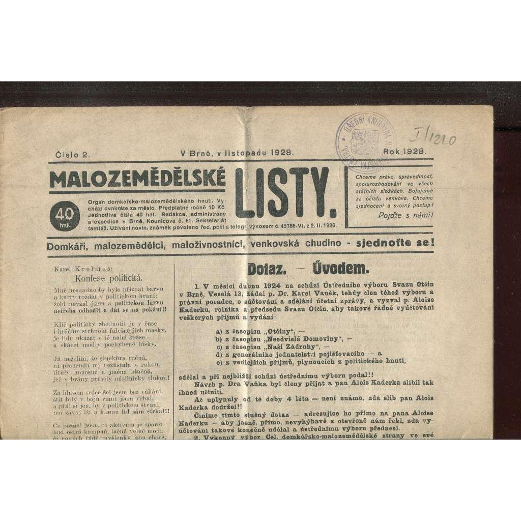 Malozemědělské listy, číslo 2/1928. Domkáři, malozemědělci, maloživnostníci, venkovská chudino - Sjednoťte se! (noviny)
