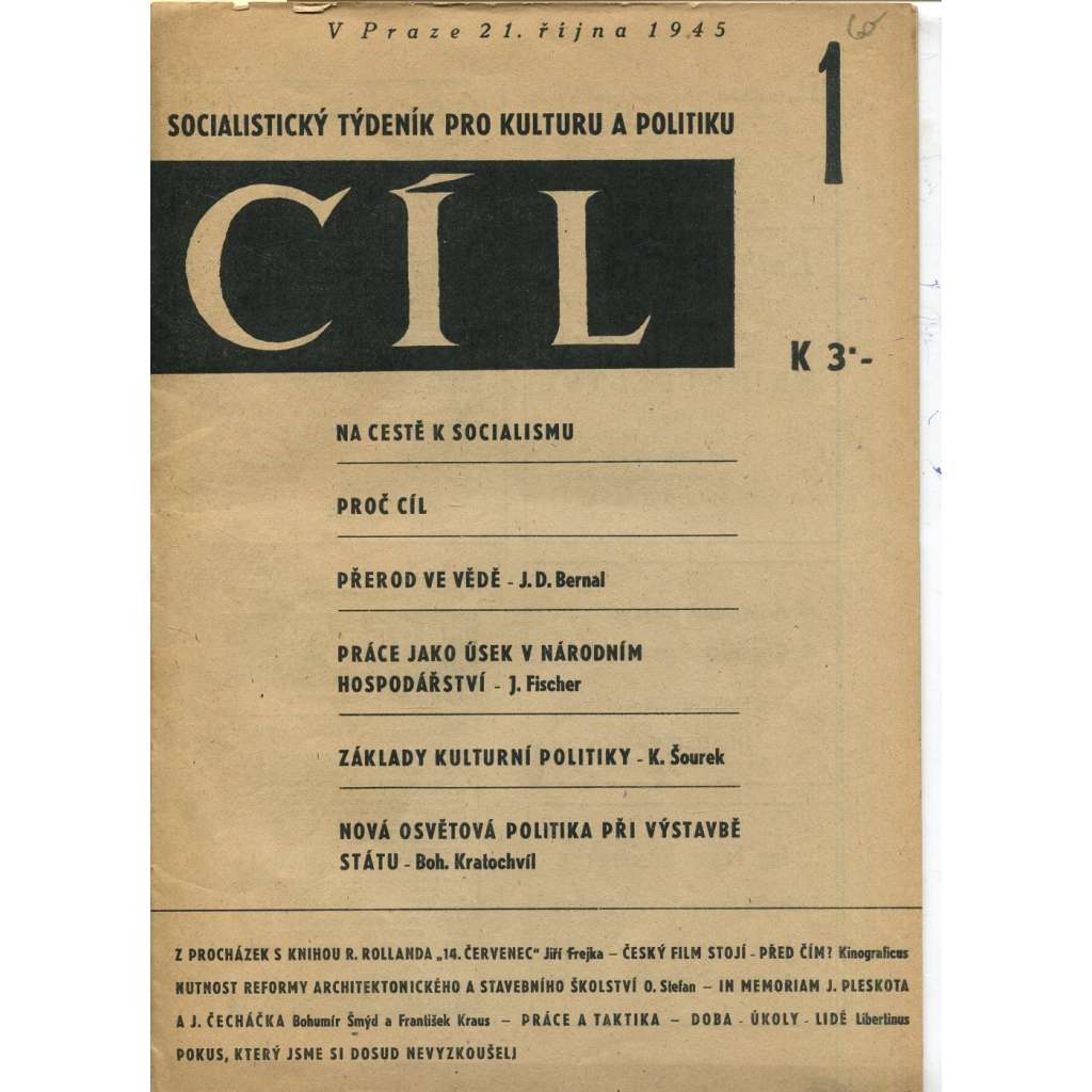 Cíl, číslo 1/1945. Socialistický týdeník pro kulturu a politiku (časopis, noviny)