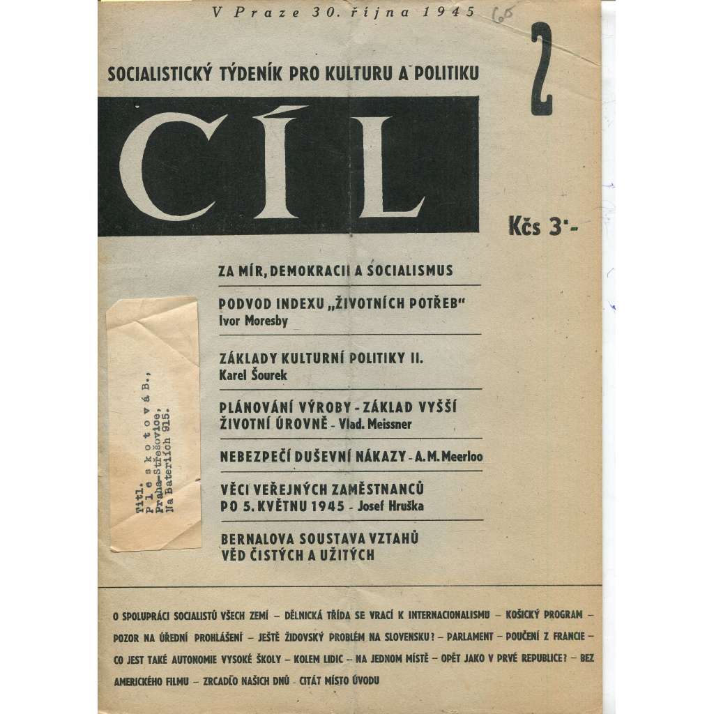 Cíl, číslo 2/1945. Socialistický týdeník pro kulturu a politiku (časopis, noviny)