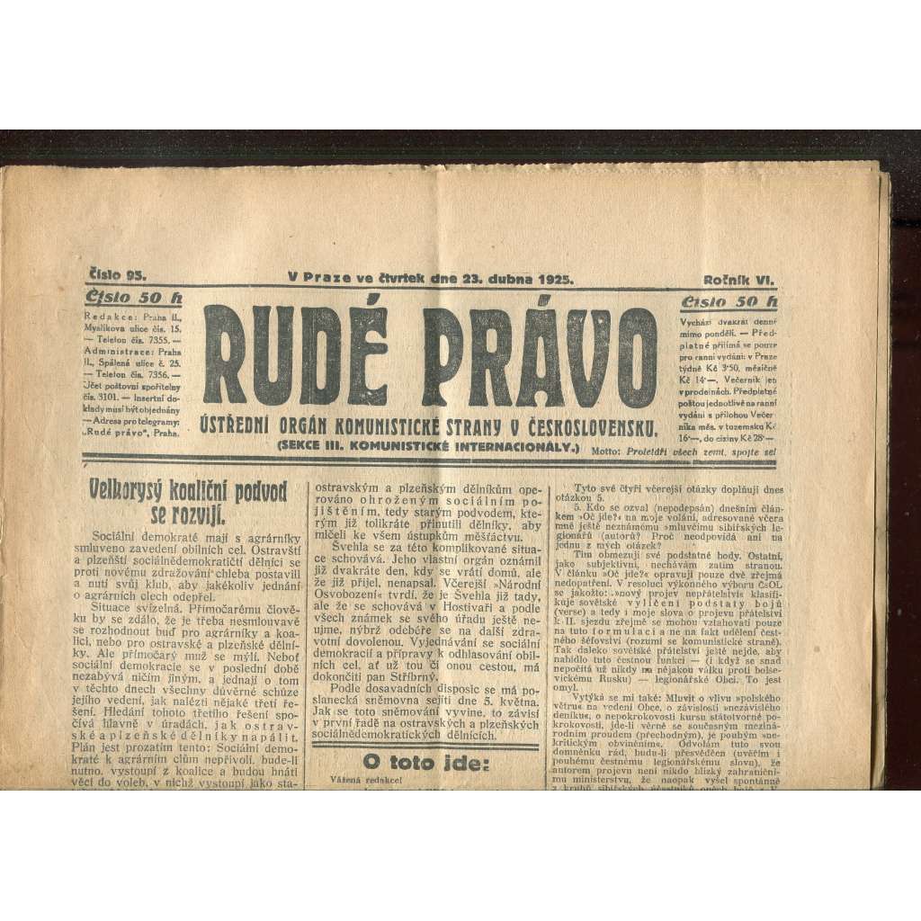 Rudé právo - večerník, ročník VI., číslo 95 (23.4.1925) - staré noviny, 1. republika