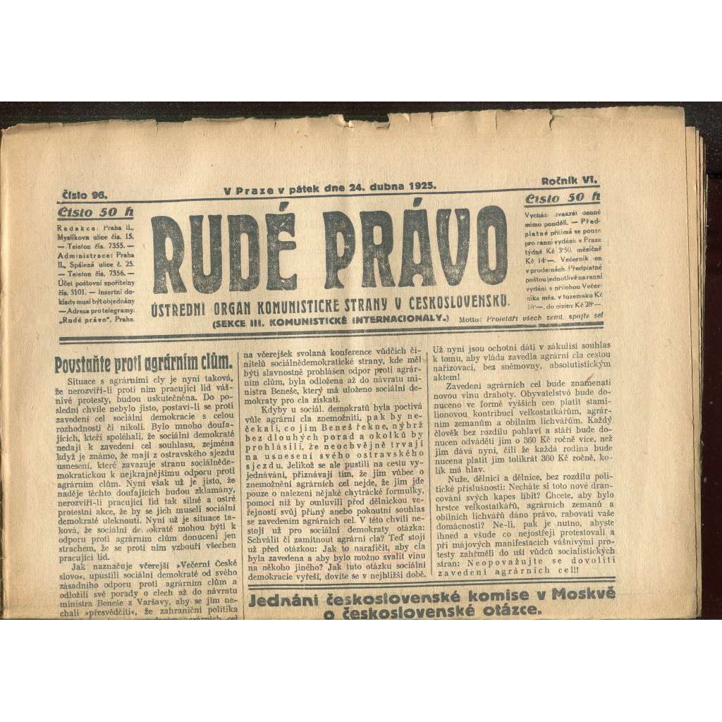 Rudé právo - večerník, ročník VI., číslo 96 (24.4.1925) - staré noviny, 1. republika