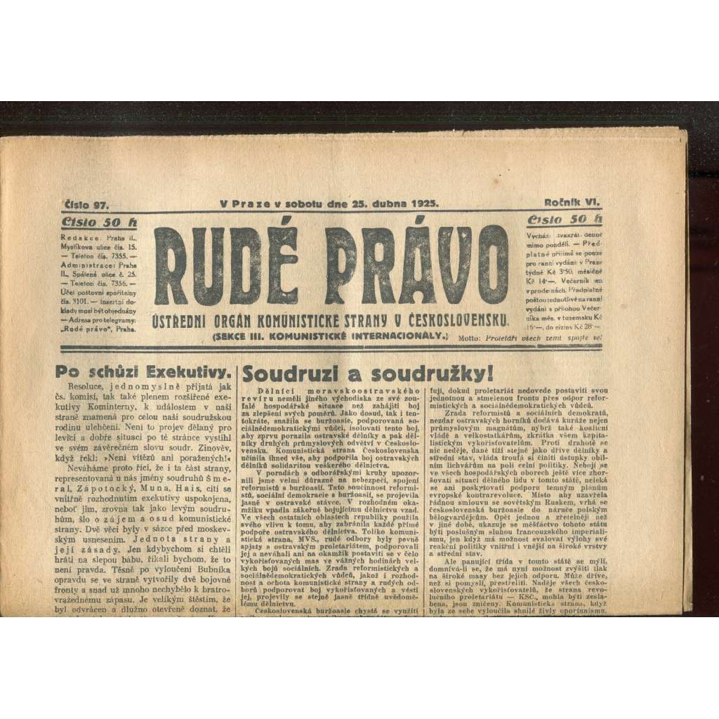 Rudé právo - večerník, ročník VI., číslo 97 (25.4.1925) - staré noviny, 1. republika