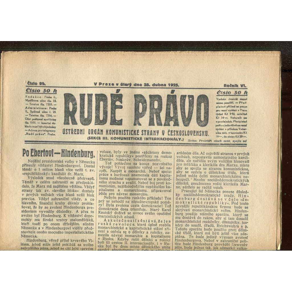 Rudé právo - večerník, ročník VI., číslo 99 (28.4.1925) - staré noviny, 1. republika