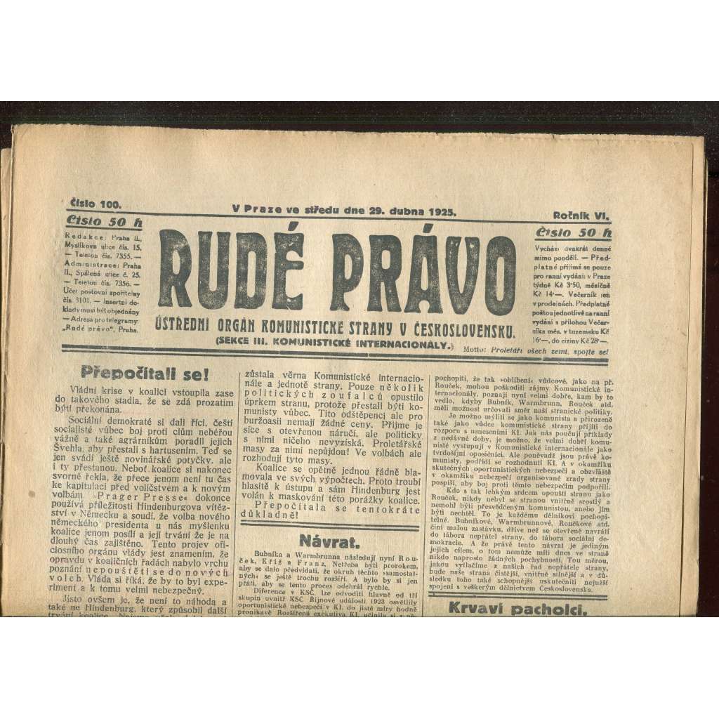 Rudé právo - večerník, ročník VI., číslo 100 (29.4.1925) - staré noviny, 1. republika