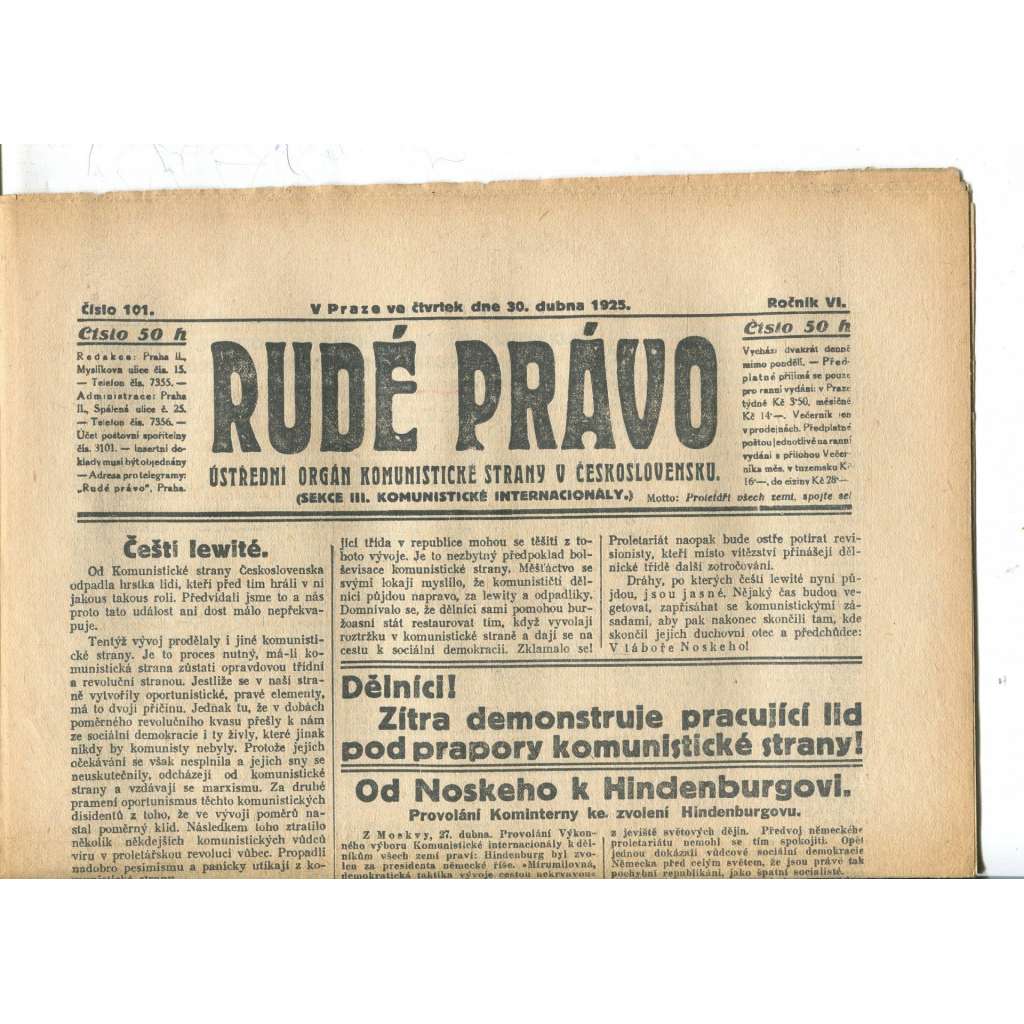 Rudé právo - večerník, ročník VI., číslo 101 (30.4.1925) - staré noviny, 1. republika